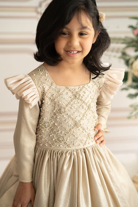 Ruchika Lath Label Gold Silk Pearls, Crystals Embroidered Flared Gown at Aza Fashions Ruchika Lath Label_Gold Silk Pearls, Crystals Embroidered Flared Gown _at_Aza_Fashions