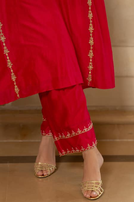 Shop_Paulmi And Harsh_Pink Chiffon, Silk Embroidery Round Neck Hand Kurta And Pant Set _Online_at_Aza_Fashions