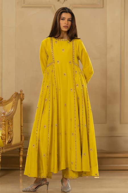 Paulmi and Harsh Yellow Chiniya Silk Hand Embroidered Butti Motifs Anarkali And Pant Set  