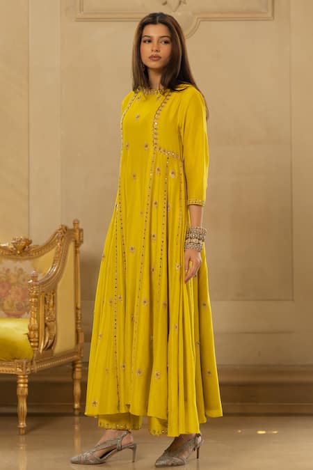 Paulmi And Harsh_Yellow Chiffon, Silk Embroidery, Zari Round Neck Hand Anarkali And Pant Set _Online_at_Aza_Fashions