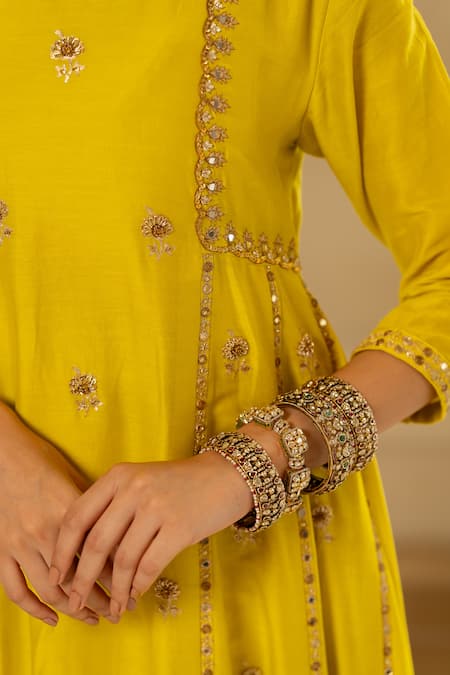 Buy_Paulmi And Harsh_Yellow Chiffon, Silk Embroidery, Zari Round Neck Hand Anarkali And Pant Set _Online_at_Aza_Fashions