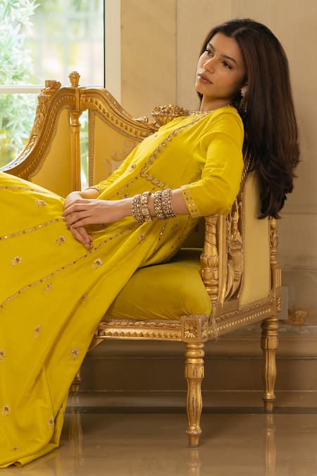 Shop_Paulmi And Harsh_Yellow Chiffon, Silk Embroidery, Zari Round Neck Hand Anarkali And Pant Set _Online_at_Aza_Fashions