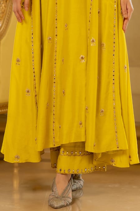 Paulmi And Harsh_Yellow Chiffon, Silk Embroidery, Zari Round Neck Hand Anarkali And Pant Set _at_Aza_Fashions