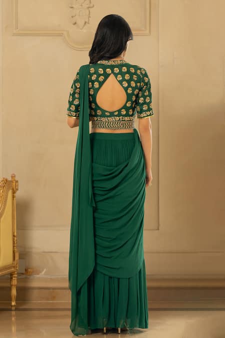 Paulmi And Harsh Pre-Stitched Saree With V Neck Blouse & Belt 