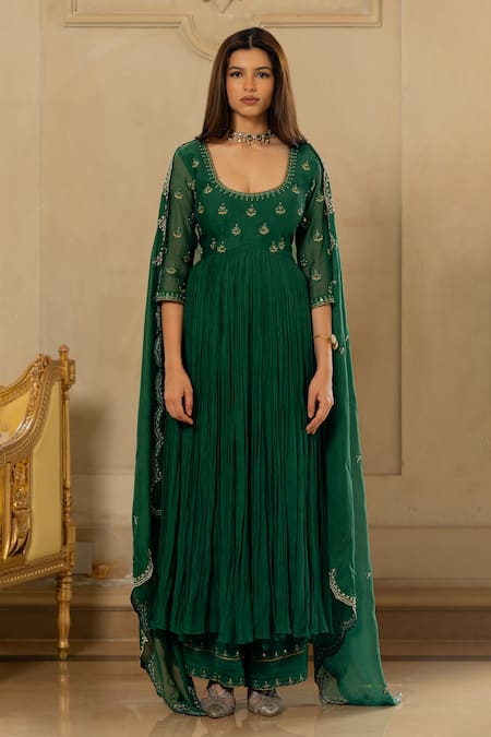Paulmi And Harsh_Green Chanderi Mirrors, Embroidery Round Neck Hand Anarkali Pant Set _Online_at_Aza_Fashions