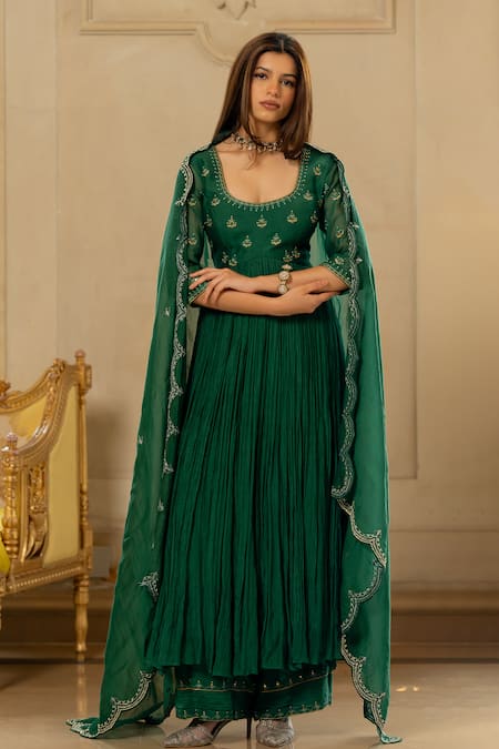 Buy_Paulmi And Harsh_Green Chanderi Mirrors, Embroidery Round Neck Hand Anarkali Pant Set _Online_at_Aza_Fashions