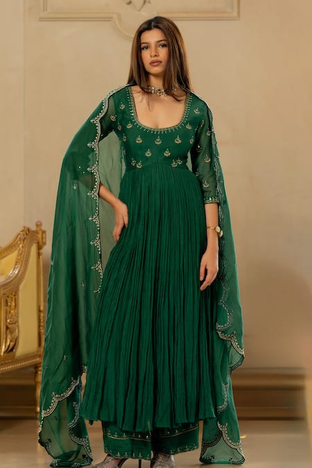 Shop_Paulmi And Harsh_Green Chanderi Mirrors, Embroidery Round Neck Hand Anarkali Pant Set _Online_at_Aza_Fashions