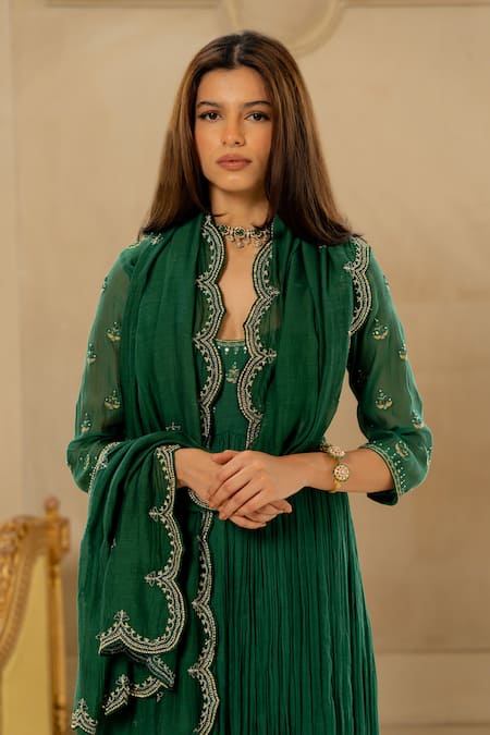 Paulmi And Harsh_Green Chanderi Mirrors, Embroidery Round Neck Hand Anarkali Pant Set _at_Aza_Fashions