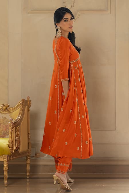 Paulmi And Harsh_Orange Chanderi Mirrors, Zari, Embroidery Round Neck Anarkali And Pant Set _Online_at_Aza_Fashions