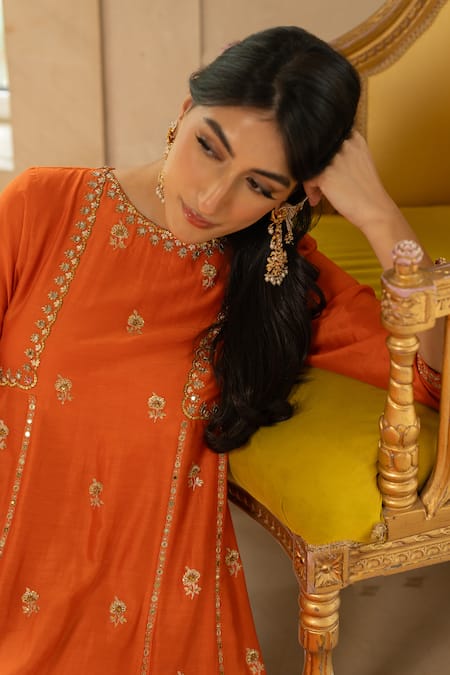 Shop_Paulmi And Harsh_Orange Chanderi Mirrors, Zari, Embroidery Round Neck Anarkali And Pant Set _Online_at_Aza_Fashions