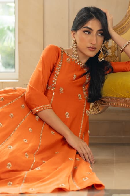 Paulmi And Harsh_Orange Chanderi Mirrors, Zari, Embroidery Round Neck Anarkali And Pant Set _at_Aza_Fashions