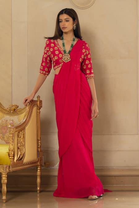 Paulmi and Harsh Pink Saree Georgette Pre-stitched With Half Sleeve Blouse And Belt  