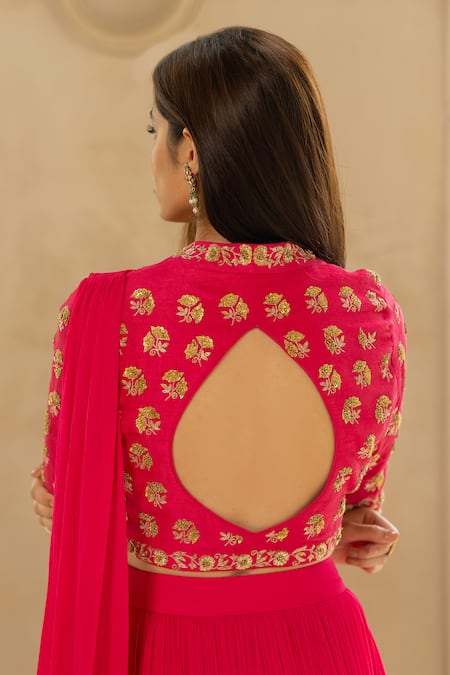 Paulmi And Harsh_Pink Georgette, Tussar, Silk Pre-stitched Saree With Half Sleeve Blouse And Belt _Online_at_Aza_Fashions