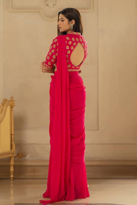 Buy_Paulmi And Harsh_Pink Georgette, Tussar, Silk Pre-stitched Saree With Half Sleeve Blouse And Belt _Online_at_Aza_Fashions