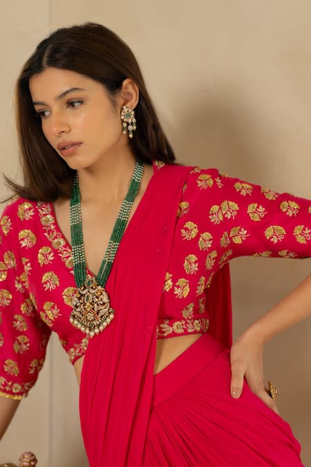 Shop_Paulmi And Harsh_Pink Georgette, Tussar, Silk Pre-stitched Saree With Half Sleeve Blouse And Belt _Online_at_Aza_Fashions