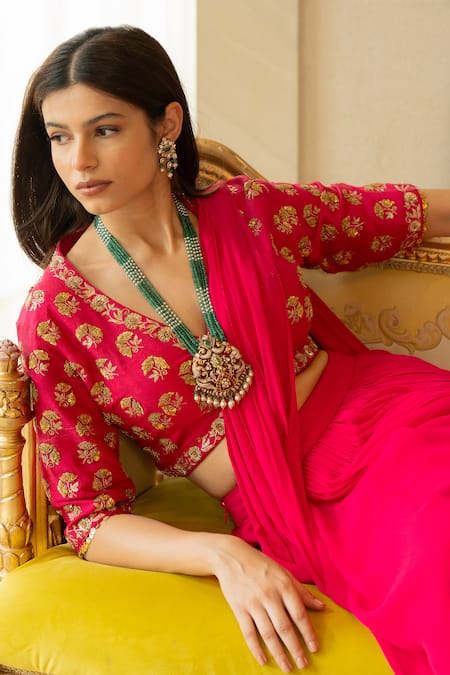 Paulmi And Harsh_Pink Georgette, Tussar, Silk Pre-stitched Saree With Half Sleeve Blouse And Belt _at_Aza_Fashions