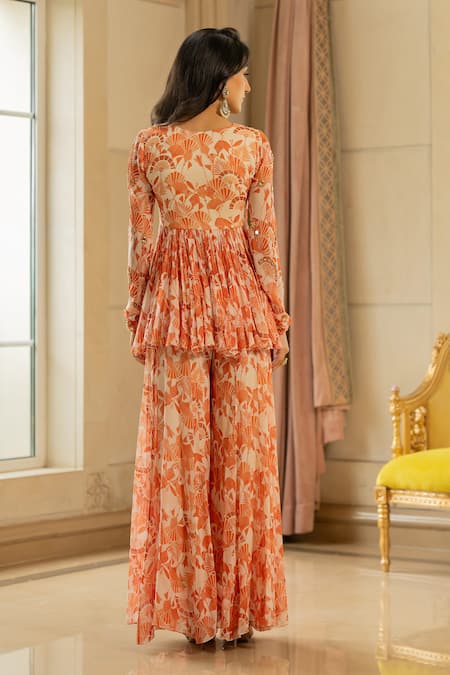 Buy Orange Georgette Embroidery, Tassels V-neck Printed