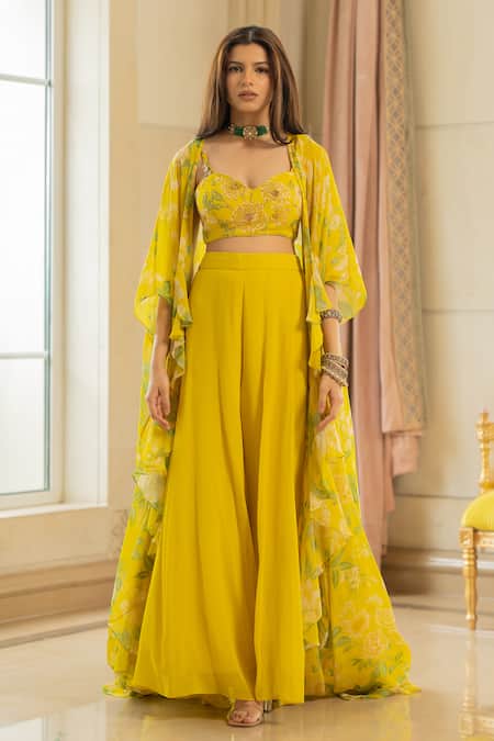 Paulmi And Harsh Yellow Georgette Mirrors, Sequins Sweetheart Neck, Floral Print Jacket Pant Set Online at Aza Fashions Paulmi And Harsh_Yellow Georgette Mirrors, Sequins Sweetheart Neck, Floral Print Jacket Pant Set _Online_at_Aza_Fashions