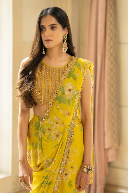 Paulmi And Harsh Yellow Crepe, Cotton, Silk Sequins, Embroidered Pre-draped Saree With Blouse Online at Aza Fashions Paulmi And Harsh_Yellow Crepe, Cotton, Silk Sequins, Embroidered Pre-draped Saree With Blouse _Online_at_Aza_Fashions