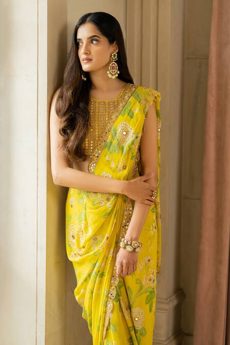Buy Paulmi And Harsh Yellow Crepe, Cotton, Silk Sequins, Embroidered Pre-draped Saree With Blouse Online at Aza Fashions Buy_Paulmi And Harsh_Yellow Crepe, Cotton, Silk Sequins, Embroidered Pre-draped Saree With Blouse _Online_at_Aza_Fashions
