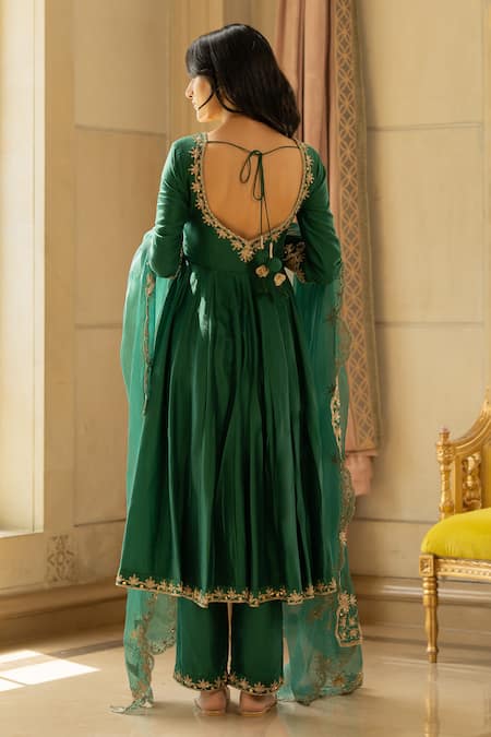 Shop Paulmi And Harsh Green Chiffon, Tissue Embroidery Round Neck Anarkali Pant Set at Aza Fashions Shop_Paulmi And Harsh_Green Chiffon, Tissue Embroidery Round Neck Anarkali Pant Set _at_Aza_Fashions