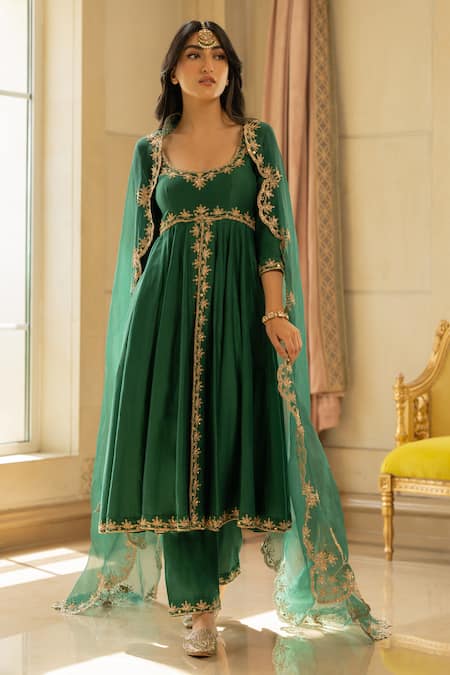 Paulmi And Harsh Green Chiffon, Tissue Embroidery Round Neck Anarkali Pant Set Online at Aza Fashions Paulmi And Harsh_Green Chiffon, Tissue Embroidery Round Neck Anarkali Pant Set _Online_at_Aza_Fashions