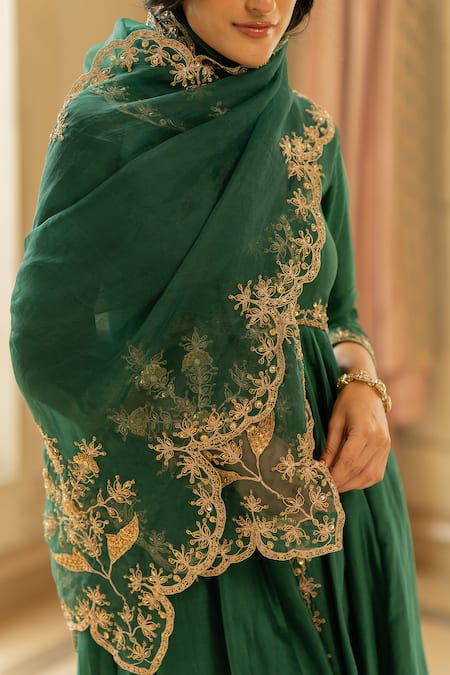 Buy Paulmi And Harsh Green Chiffon, Tissue Embroidery Round Neck Anarkali Pant Set Buy_Paulmi And Harsh_Green Chiffon, Tissue Embroidery Round Neck Anarkali Pant Set