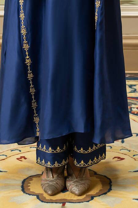 Paulmi And Harsh_Blue Chanderi , Mirrors, Zari Round Neck Embroidered Kurta And Pant Set _Online_at_Aza_Fashions