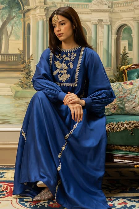 Shop_Paulmi And Harsh_Blue Chanderi , Mirrors, Zari Round Neck Embroidered Kurta And Pant Set _Online_at_Aza_Fashions