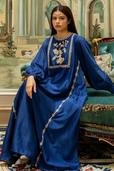 Paulmi And Harsh_Blue Chanderi , Mirrors, Zari Round Neck Embroidered Kurta And Pant Set _at_Aza_Fashions