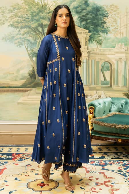 Paulmi And Harsh_Blue Silk, Chiffon Mirrors, Zari Round Neck Embroidered Anarkali And Pant Set _Online_at_Aza_Fashions