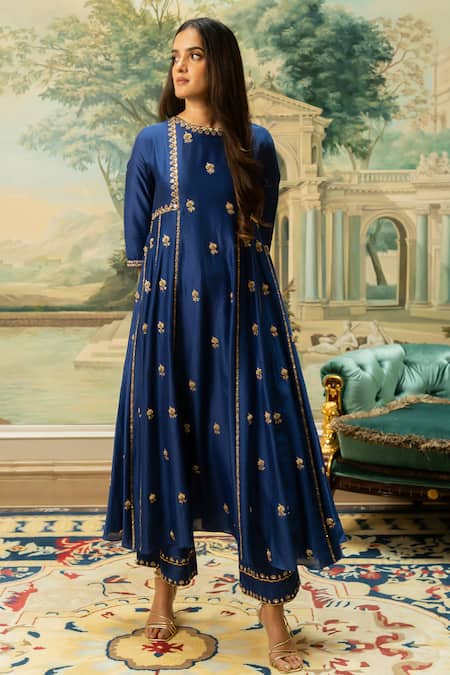 Buy_Paulmi And Harsh_Blue Silk, Chiffon Mirrors, Zari Round Neck Embroidered Anarkali And Pant Set _Online_at_Aza_Fashions