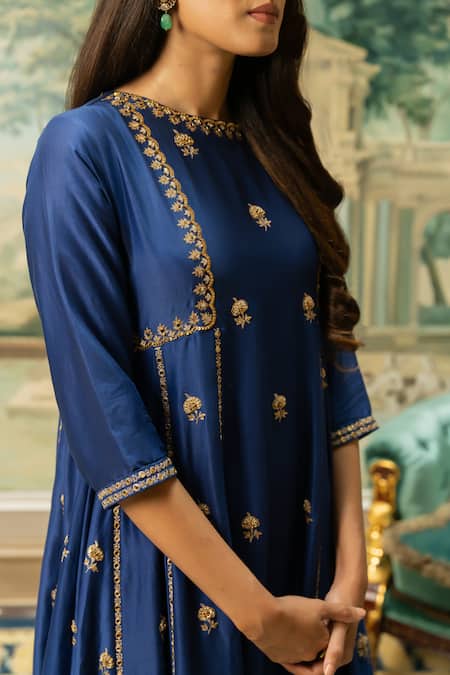 Shop_Paulmi And Harsh_Blue Silk, Chiffon Mirrors, Zari Round Neck Embroidered Anarkali And Pant Set _Online_at_Aza_Fashions