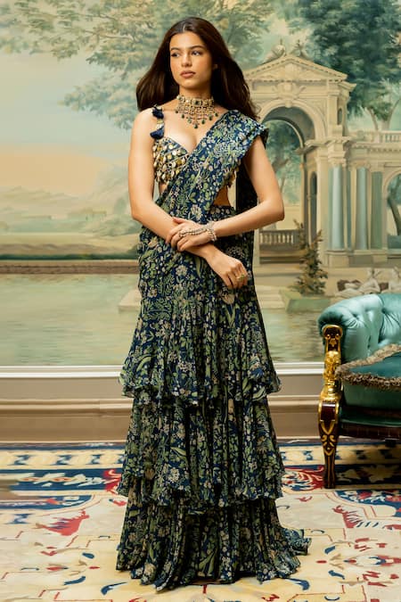 Paulmi and Harsh Blue Georgette Printed Floral Sweetheart Pre-stitched Saree Set  