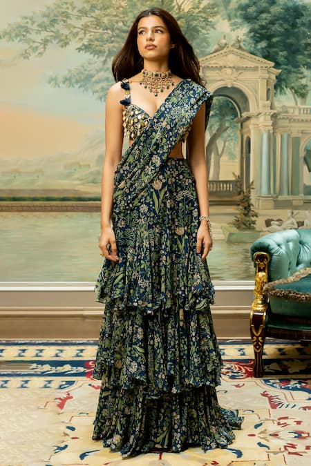 Paulmi And Harsh_Blue Georgette Embroidery Sweetheart Neck Floral Print Pre-stitched Saree Set _Online_at_Aza_Fashions