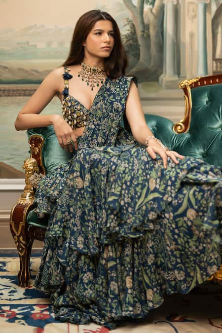 Paulmi And Harsh_Blue Georgette Embroidery Sweetheart Neck Floral Print Pre-stitched Saree Set _at_Aza_Fashions