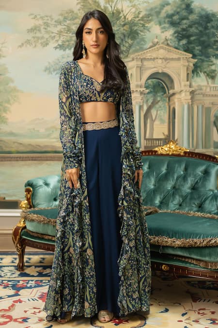 Paulmi And Harsh_Blue Georgette Sequins, Embroidery Round Neck, Floral Pattern Jacket Pant Set _Online_at_Aza_Fashions