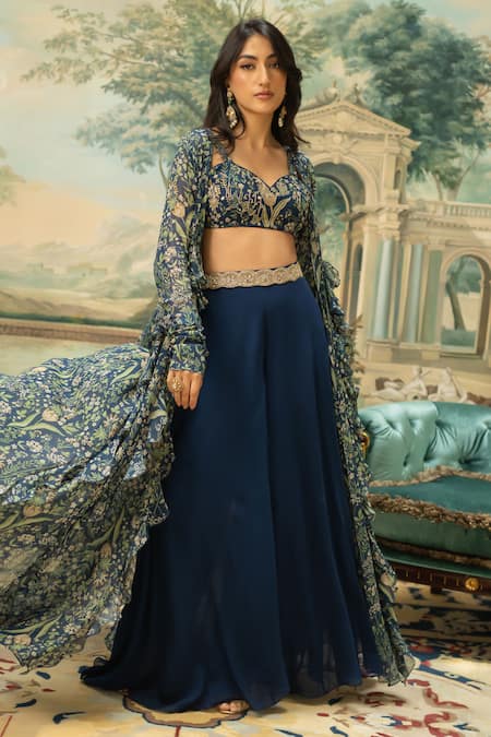 Buy_Paulmi And Harsh_Blue Georgette Sequins, Embroidery Round Neck, Floral Pattern Jacket Pant Set _Online_at_Aza_Fashions