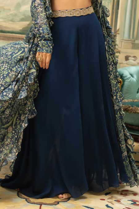 Shop_Paulmi And Harsh_Blue Georgette Sequins, Embroidery Round Neck, Floral Pattern Jacket Pant Set _Online_at_Aza_Fashions