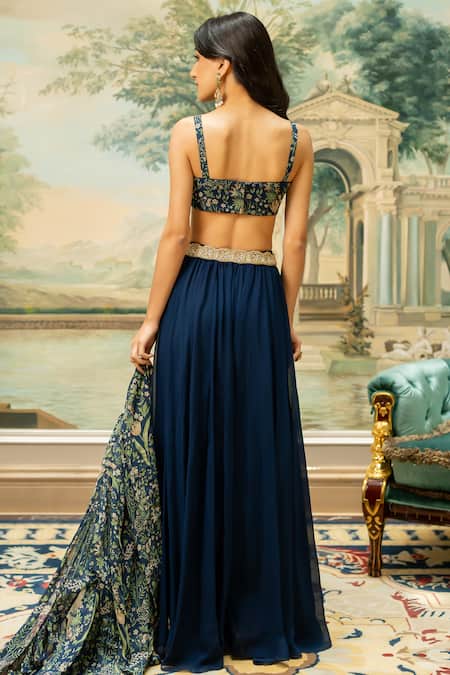 Buy_Paulmi And Harsh_Blue Georgette Sequins, Embroidery Round Neck, Floral Pattern Jacket Pant Set 