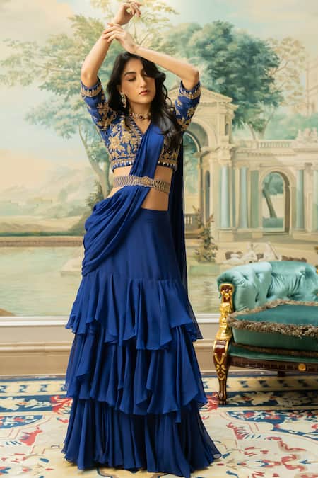 Paulmi and Harsh Blue Saree Organza Hand Embroidered Solid Layered Pre-stitched Set 