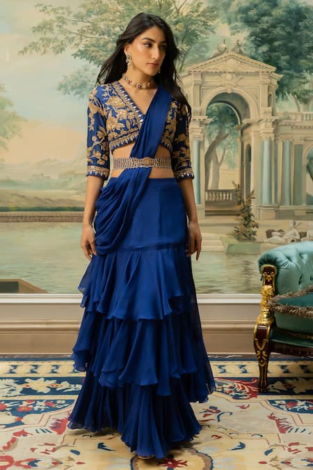 Paulmi And Harsh Blue Organza, Chiffon, Silk Embroidery, Solid Layered Pre-stitched Saree Set Online at Aza Fashions Paulmi And Harsh_Blue Organza, Chiffon, Silk Embroidery, Solid Layered Pre-stitched Saree Set _Online_at_Aza_Fashions