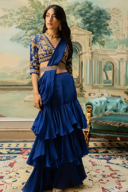 Buy Paulmi And Harsh Blue Organza, Chiffon, Silk Embroidery, Solid Layered Pre-stitched Saree Set Online at Aza Fashions Buy_Paulmi And Harsh_Blue Organza, Chiffon, Silk Embroidery, Solid Layered Pre-stitched Saree Set _Online_at_Aza_Fashions
