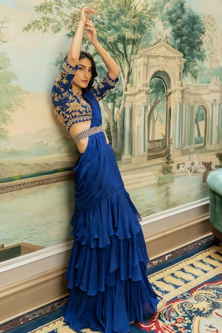 Paulmi And Harsh Blue Organza, Chiffon, Silk Embroidery, Solid Layered Pre-stitched Saree Set at Aza Fashions Paulmi And Harsh_Blue Organza, Chiffon, Silk Embroidery, Solid Layered Pre-stitched Saree Set _at_Aza_Fashions