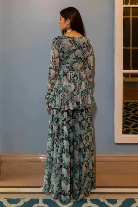 Paulmi And Harsh Floral Print Peplum Top & Palazzo Set 