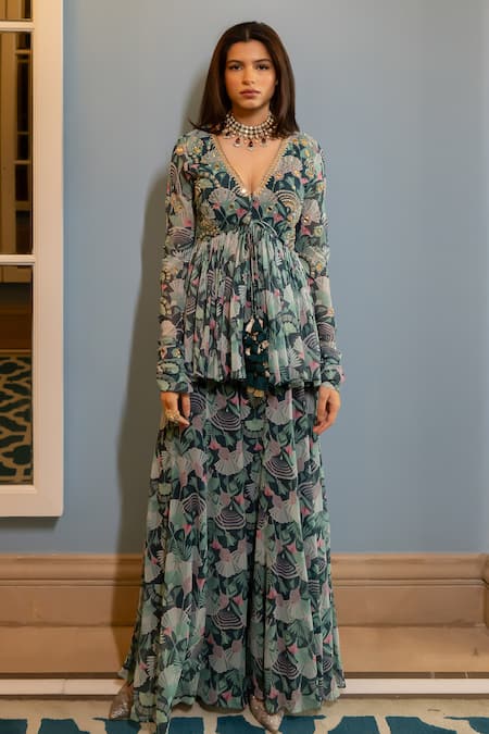 Paulmi And Harsh_Green Georgette Embroidery V-neck Floral Print Peplum Top And Palazzo Set _Online_at_Aza_Fashions