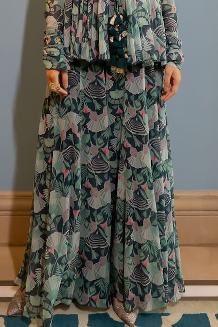 Buy_Paulmi And Harsh_Green Georgette Embroidery V-neck Floral Print Peplum Top And Palazzo Set _Online_at_Aza_Fashions