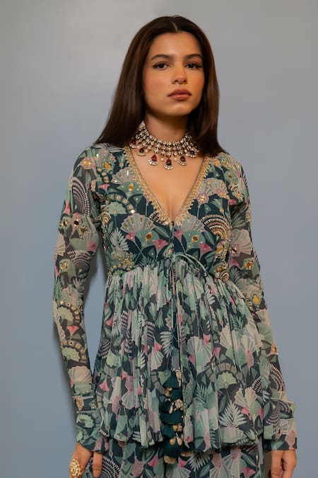 Shop_Paulmi And Harsh_Green Georgette Embroidery V-neck Floral Print Peplum Top And Palazzo Set _Online_at_Aza_Fashions