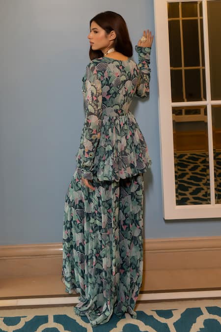Paulmi And Harsh_Green Georgette Embroidery V-neck Floral Print Peplum Top And Palazzo Set _at_Aza_Fashions