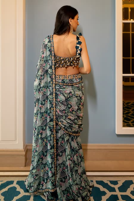 Paulmi And Harsh Floral Print Pre-Draped Saree With Embroidered Bloy 